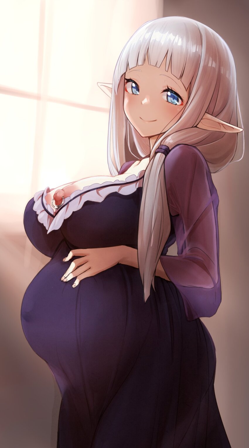 1girl big_belly blue_eyes grey_hair hand_on_own_stomach highres isekai_nonbiri_nouka low-braided_long_hair low-tied_long_hair nipple_piercing nipple_slip nipples outie_navel piercing pointy_ears pregnant rurushi_ru smile wantsupanchi!!