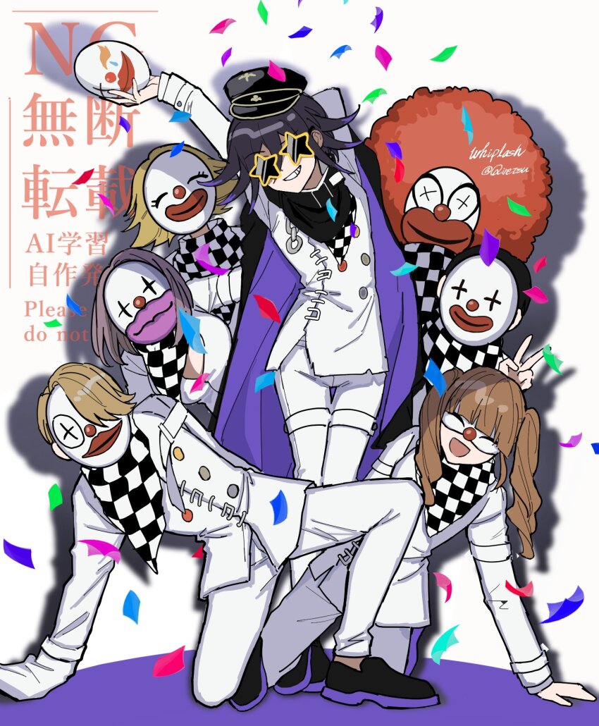 3girls 4boys afro arm_up artist_name black_cape black_hair black_hat blonde_hair buttons cape clown_mask commentary danganronpa_(series) danganronpa_v3:_killing_harmony dice_members_(danganronpa) double-breasted eye_mask flipped_hair grey_hair grin hat highres jacket mask multiple_boys multiple_girls oma_kokichi orange_hair pants peaked_cap pink_cape purple_hair qiretsu shoes short_hair smile star-shaped_eyewear star_(symbol) teeth two-sided_cape two-sided_fabric watermark white_background white_jacket white_pants