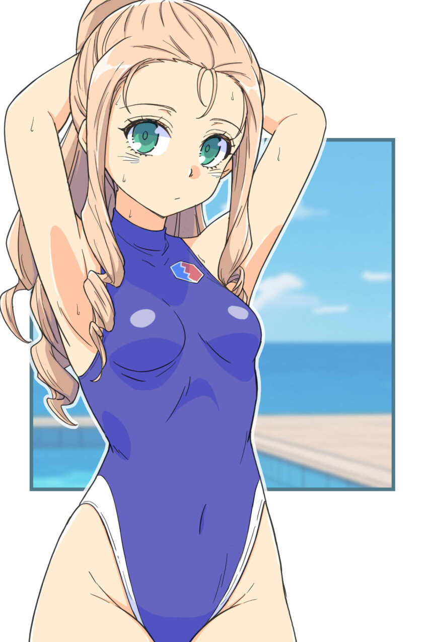 1girl armpits bc_freedom_(emblem) beach blonde_hair blue_one-piece_swimsuit blush breasts covered_navel emblem girls_und_panzer green_eyes highres long_hair looking_at_viewer marie_(girls_und_panzer) ocean one-piece_swimsuit outdoors ponytail presenting_armpit renshiu small_breasts solo swimsuit