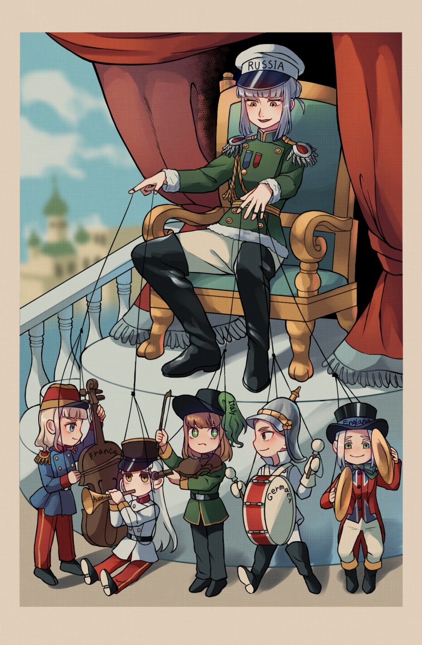 6+girls austria boots england english_text france fur-trimmed_jacket fur_trim germany highres historical_event instrument italy jacket knee_boots kuroussa mandarin_collar military_uniform multiple_girls original puppet puppet_strings russian_empire sitting throne union_jack violin