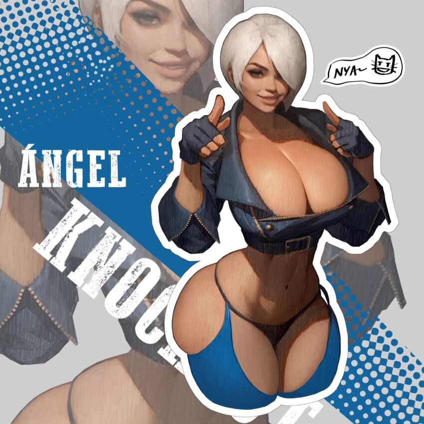 1girl angel_(kof) backless_pants blue_eyes bra breasts chaps cleavage crop_top cropped_jacket curvy fingerless_gloves gloves hair_over_one_eye highres huge_breasts ickpot index_fingers_raised jacket large_breasts leather leather_jacket lips looking_at_viewer midriff narrow_waist navel panties pants pinup_(style) realistic short_hair smile snk solo strapless strapless_bra the_king_of_fighters the_king_of_fighters_xiv thick_lips thick_thighs thighs toned toned_female underwear white_hair