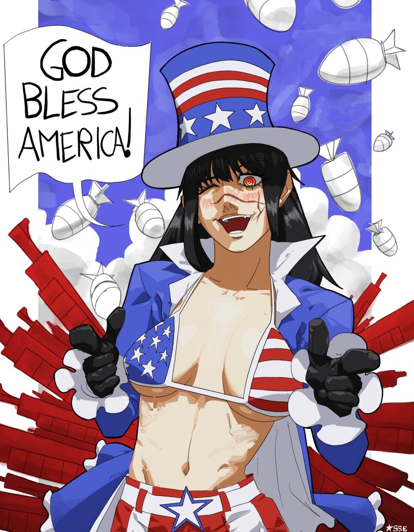 1girl american_flag american_flag_print bikini bikini_top_only black_gloves blue_jacket breasts chainsaw_man cosplay cross_scar facial_scar flag_print gloves hat highres jacket medium_breasts one_eye_closed open_mouth osse ringed_eyes scar scar_on_cheek scar_on_face scar_on_nose solo swimsuit top_hat uncle_sam uncle_sam_(cosplay) yoru_(chainsaw_man)