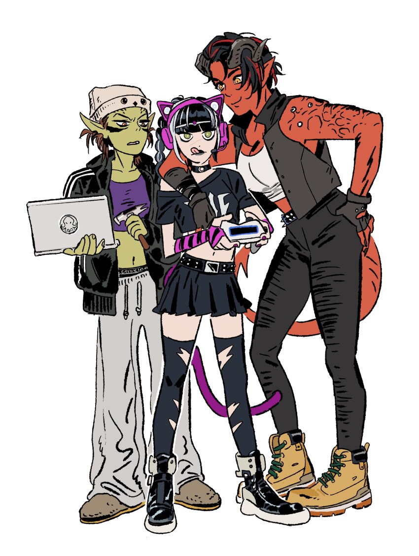 3girls absurdres baldur&#039;s_gate baldur&#039;s_gate_3 black_hair braid breasts colored_skin dungeons_&amp;_dragons dungeons_&amp;_dragons elf goth_fashion green_eyes gyeoly27 hair_ornament hat highres horns karlach lae&#039;zel long_hair looking_at_viewer multi-tied_hair multiple_girls pointy_ears red_skin scar scar_on_face shadowheart_(baldur&#039;s_gate) simple_background skirt smile tiefling