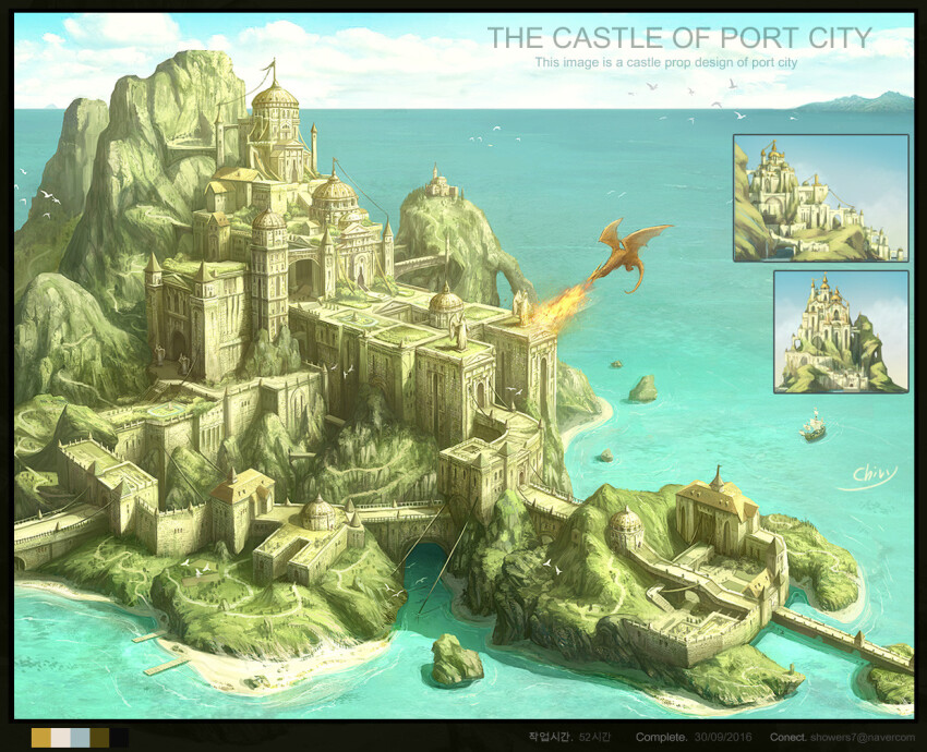 blue_sky breath_weapon breathing_fire castle chivy7 city cloud day dragon english_text fantasy fire korean_text landscape mountain no_humans original outdoors port scenery ship sky water watercraft