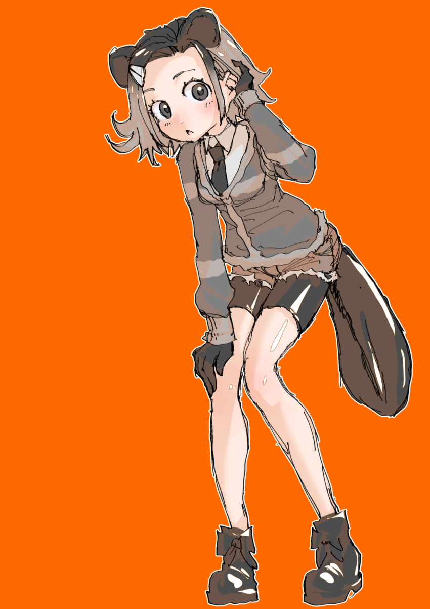 1girl absurdres adjusting_hair animal_ears arairestaurant beaver_ears beaver_tail bike_shorts bike_shorts_under_shorts blush boots brown_boots brown_eyes brown_gloves brown_necktie brown_shorts brown_sweater collared_shirt cutoffs eurasian_beaver_(kemono_friends) extra_ears full_body gloves highres kemono_friends long_sleeves necktie shirt short_shorts shorts solo striped_clothes striped_sweater sweater tail white_shirt