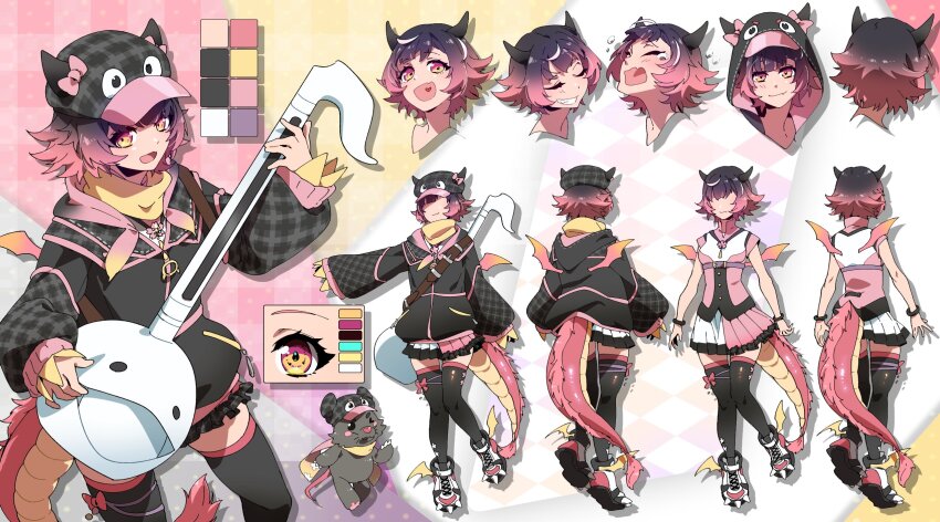1girl black_hair black_hat black_jacket black_thighhighs blush bow bracelet buttons closed_eyes closed_mouth color_guide commentary crying dragon_girl dragon_horns dragon_tail dragon_wings drop_shadow english_commentary eyelashes fang flying_teardrops fraiki_(vtuber) from_behind full_body gradient_hair grin hat hat_bow heart heart_in_mouth highres holding holding_instrument hood hood_bow hood_down hood_up hooded_jacket horned_hat horned_hood horns indie_virtual_youtuber instrument iv4knight jacket jewelry long_sleeves mouse_(animal) multicolored_eyes multicolored_hair multiple_expressions open_mouth otamatone oversized_object pink_bow pink_hair pink_skirt plaid_clothes plaid_hat plaid_sleeves purple_hair ratki_(fraiki_(vtuber)) reference_sheet second-party_source shirt shoes skin_fang skirt sleeves_past_fingers sleeves_past_wrists smile split-color_clothes standing streaked_hair tail teeth thighhighs two-tone_skirt virtual_youtuber white_hair white_skirt wings