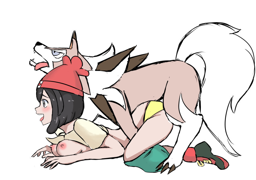 1girl absurdres bent_over black_hair breasts clothing_aside dog doggystyle gen_7_pokemon grey_eyes hat highres lycanroc lycanroc_(midday) nintendo nipples nivi open_mouth panties pokemon pokemon_sm pokephilia selene_(pokemon) sex sex_from_behind shirt shoes short_hair shorts tied_shirt tongue tongue_out underwear white_background