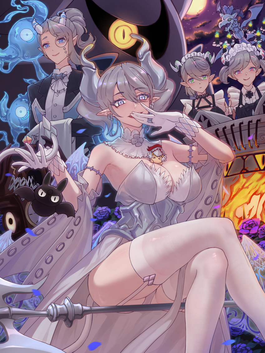 4girls absurdres arianna_the_labrynth_servant arianne_the_labrynth_servant arias_the_labrynth_butler armored_corset armpits breasts crossed_legs demon_girl demon_horns dress duel_monster gloves grey_eyes grey_hair highres horns knight_(yu-gi-oh!) labrynth_archfiend labrynth_chandraglier labrynth_cooclock labrynth_stovie_torbie large_breasts lovely_labrynth_of_the_silver_castle maid megatron_(pixiv16907671) monocle multiple_girls night pantyhose pointy_ears sitting solo_focus white_dress white_gloves yu-gi-oh!