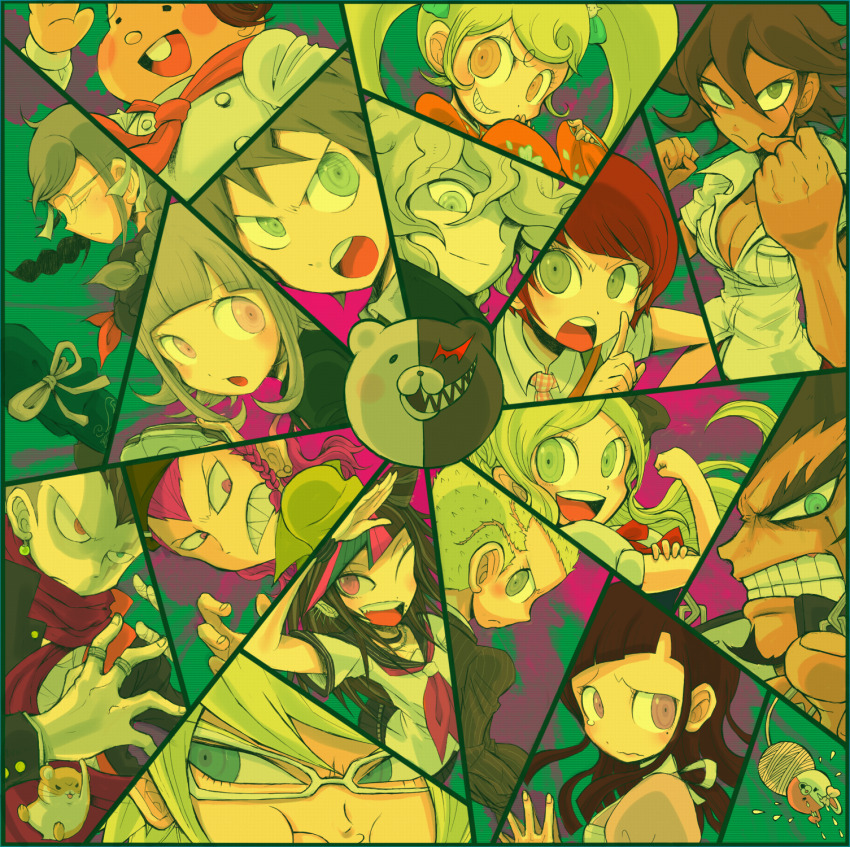 6+boys 6+girls bear black_bow black_hair black_shirt blonde_hair blue_eyes blush blush_stickers bound bow brown_hair closed_eyes closed_mouth danganronpa_(series) danganronpa_2:_goodbye_despair dark-skinned_female dark_skin ear_piercing flying_sweatdrops from_side glasses green_eyes grey_hair grin hair_bow hamster hanamura_teruteru handheld_game_console heterochromia highres hinata_hajime holding holding_handheld_game_console japanese_clothes jewelry kimono koizumi_mahiru komaeda_nagito kouno_yukitoshi kuzuryu_fuyuhiko long_hair maga-g mioda_ibuki monokuma monomi_(danganronpa) mouth_piercing multicolored_hair multiple_boys multiple_girls nanami_chiaki neckerchief nidai_nekomaru one_eye_closed open_mouth orange_eyes orange_kimono owari_akane pekoyama_peko piercing pink_eyes pink_hair purple_eyes rabbit red_eyes red_hair red_neckerchief ring saionji_hiyoko salute scar scar_across_eye scar_on_face school_uniform serafuku sharp_teeth shirt short_hair smile soda_kazuichi sonia_nevermind tanaka_gundham teeth tied_up_(nonsexual) togami_byakuya_(danganronpa_2) tsumiki_mikan twintails upper_teeth_only v-shaped_eyebrows very_short_hair white-framed_eyewear white_shirt