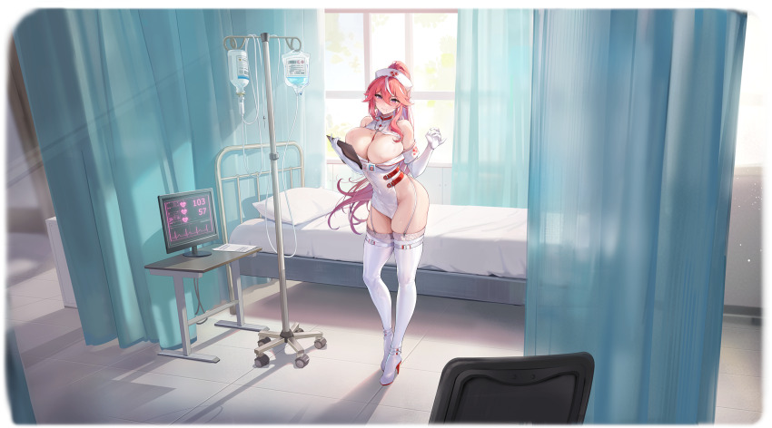 1girl absurdres azur_lane bed between_breasts breasts bursting_breasts cleavage covered_navel earrings elbow_gloves franklin_(azur_lane) franklin_(heart-throbbing_records)_(azur_lane) full_body gloves hair_between_eyes hat highres holding huge_breasts id_card indoors intravenous_drip jewelry long_hair looking_at_viewer mole mole_on_breast mole_on_groin mole_under_mouth multicolored_hair necktie necktie_between_breasts no_panties non-web_source nurse nurse_cap official_alternate_costume official_art pillow pink_hair ponytail purple_eyes red_necktie senri_gan skindentation smile solo standing streaked_hair sweat taut_clothes thick_thighs thighhighs thighs white_gloves white_hair white_thighhighs window