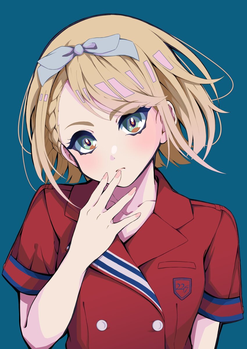 1girl 22/7 asymmetrical_bangs blonde_hair blue_background blue_bow blue_hairband bob_cut bow bow_hairband buttons closed_mouth collarbone collared_dress double-breasted dress floating_hair green_eyes hair_bow hairband hand_to_own_mouth highres inverted_bob lionmaru0808 looking_at_viewer nani_mo_shiteagerarenai portrait red_dress saito_nicole short_hair short_sleeves simple_background solo v-shaped_eyebrows