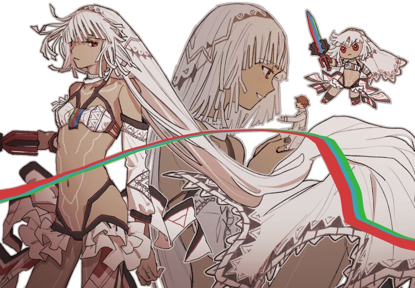 1boy 1girl altera_(fate) arm_at_side black_nails blunt_ends body_markings brown_hair chibi closed_mouth coat dark-skinned_female dark_skin detached_sleeves fate/extella fate/extra fate_(series) giant giantess grey_outline halterneck hands_up highres holding holding_sword holding_weapon in_palm jewelry kishinami_hakuno_(male) light_blush long_sleeves looking_at_another looking_at_viewer m_12170 multiple_views nail_polish navel open_mouth outline photon_ray_(fate) red_eyes revealing_clothes ring short_hair simple_background smile sword veil weapon white_background white_coat white_hair white_veil