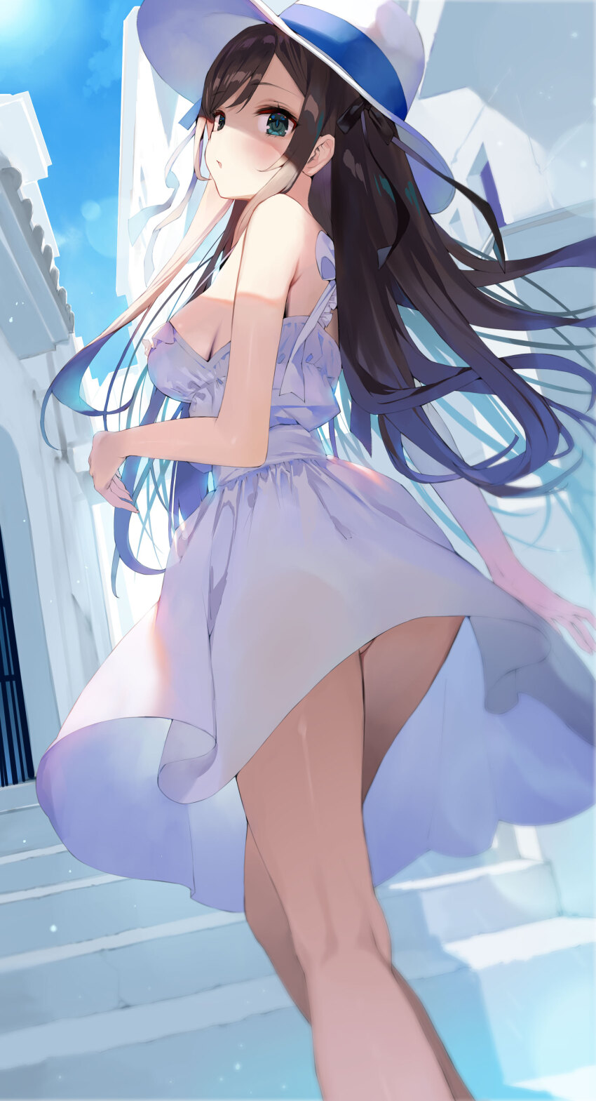 1girl absurdres alina_clover ass ass_peek bare_legs bare_shoulders black_hair black_ribbon blue_sky blush breasts clothes_lift copyright_name cowboy_shot day dress dress_lift feet_out_of_frame frilled_dress frills from_behind gaou_(umaiyo_puyoman) green_eyes guild_no_uketsukejou_desu_ga_zangyou_wa_iya_nanode_boss_wo_solo_toubatsu_shiyou_to_omoimasu hat highres kneepits long_hair looking_at_viewer looking_back medium_breasts medium_dress outdoors panties ribbon second-party_source see-through_clothes see-through_dress sidelocks sky sleeveless sleeveless_dress solo standing sundress underwear upskirt very_long_hair walking watermark white_dress white_hat white_panties wind wind_lift