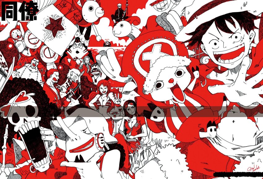 3girls 6+boys antlers bikini bikini_top_only boat brook_(one_piece) commentary_request cross disembodied_hand eyewear_on_head facial_hair franky_(one_piece) goatee going_merry hana_hana_no_mi hat headphones highres horns jinbe_(one_piece) karoo_(one_piece) korean_commentary laboon long_hair long_nose looking_at_viewer monkey_d._luffy multiple_boys multiple_girls nami_(one_piece) nami_(one_piece)_(return_to_sabaody) nefertari_vivi nico_robin nico_robin_(return_to_sabaody) ocean one_piece red_shirt red_theme reindeer_antlers roronoa_zoro sanji_(one_piece) scar scar_on_face shirt short_hair skeleton sparkle steelscarlet straw_hat straw_hat_pirates striped_clothes swimsuit thousand_sunny tony_tony_chopper trafalgar_law usopp vertical-striped_clothes watercraft whale