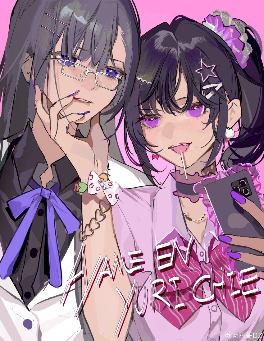 2girls absurdres animal_print black_shirt blazer blunt_bangs bow bow_earrings bowtie bracelet buttons candy cellphone chain chain_necklace character_name chinese_commentary choker chupa_chups collared_shirt commentary_request dress_shirt earrings eyelashes food frilled_choker frills glasses gold_chain grey_hair hair_ornament hair_scrunchie hairclip hand_on_another&#039;s_chin heart_bracelet highres holding holding_phone jacket jewelry leopard_print light_blush lollipop lollipop_in_mouth long_hair long_sleeves looking_at_viewer mismatched_earrings mole mole_under_eye multiple_bracelets multiple_girls multiple_moles nail_polish necklace open_mouth original ouge_dz parted_bangs parted_lips phone pink_background pink_bow pink_bowtie pink_shirt pom_pom_(clothes) pom_pom_earrings purple_bow purple_bowtie purple_choker purple_eyes purple_hair purple_nails purple_scrunchie scrunchie shirt short_sleeves side_ponytail simple_background sleeve_cuffs smartphone smile star_(symbol) star_hair_ornament straight_hair striped_bow striped_bowtie striped_clothes teeth upper_body upper_teeth_only watermark weibo_watermark white-framed_eyewear white_bow white_jacket wrist_bow yuri