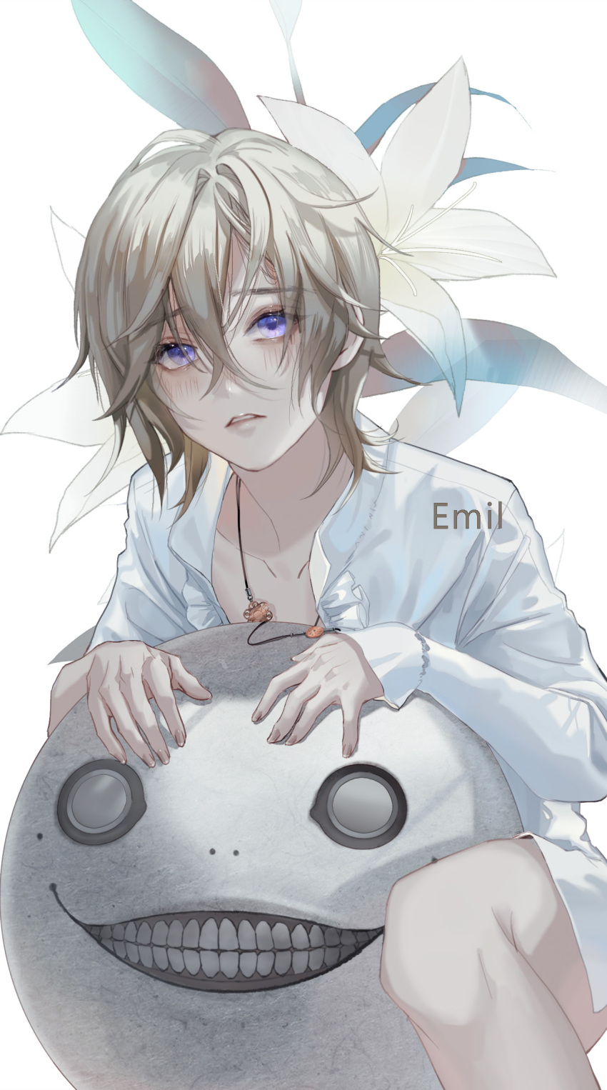 1boy at_wang bishounen blonde_hair blush character_name chinese_commentary collared_shirt commentary_request emil_(nier) flower hair_between_eyes hair_intakes highres jewelry long_sleeves lunar_tear male_focus necklace nier nier_(series) no_blindfold no_pants open_clothes open_shirt parted_lips purple_eyes shirt short_hair solo teeth white_background white_flower white_shirt