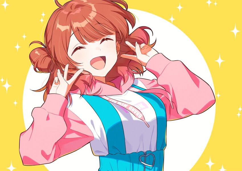 1girl ^_^ blue_shorts breasts brown_hair closed_eyes commentary_request double_v gakuen_idolmaster hair_rings hanami_ume hands_up hechima_(issindotai) highres hood hood_down hoodie idolmaster large_breasts long_sleeves multicolored_hoodie open_mouth pink_hoodie puffy_long_sleeves puffy_sleeves short_hair short_shorts shorts simple_background single_hair_ring smile sparkle sparkle_print suspender_shorts suspenders upper_body v yellow_background