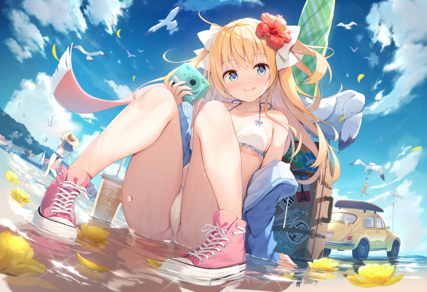 2girls :q animal arm_support ass bag bare_legs bare_shoulders beach bikini bird blonde_hair blue_eyes blue_hair blue_jacket blue_sky blush bow breasts camera car cloud crotch_seam cup day disposable_cup emori_el emori_miku flower hair_bow hair_flower hair_ornament halterneck hibiscus highres holding holding_camera jacket knees_up large_breasts liver_city long_hair looking_at_viewer luggage medium_breasts motor_vehicle multiple_girls nijihashi_sora off_shoulder open_clothes open_jacket outdoors pink_shoes red_flower scarf seagull shoes sitting sky small_breasts smile sneakers solo_focus string_bikini swimsuit thighs tongue tongue_out two_side_up water wet white_bikini white_bow yellow_flower