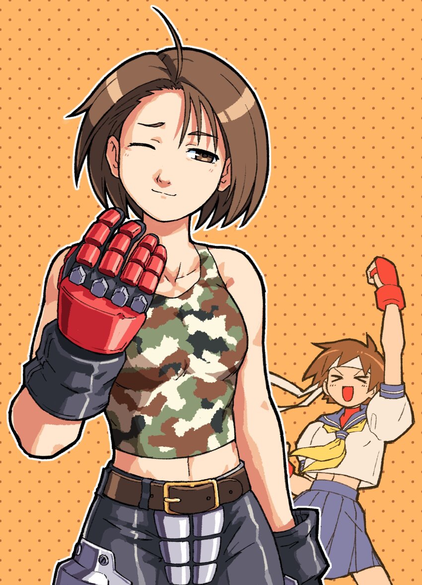 &gt;_&lt; 2girls :d absurdres armored_gloves bare_shoulders belt black_pants blue_sailor_collar blue_skirt breasts brown_belt brown_eyes brown_hair camouflage camouflage_shirt clenched_hand crop_top fingerless_gloves furrowed_brow gloves hand_up headband highres justice_gakuen kasugano_sakura kazama_akira light_blush light_smile medium_breasts midriff multiple_girls neckerchief one_eye_closed open_mouth orange_background pants pleated_skirt polka_dot polka_dot_background puffy_short_sleeves puffy_sleeves red_gloves sailor_collar school_uniform shirt short_hair short_sleeves skirt smile spdcooler street_fighter tank_top upper_body white_headband white_shirt xd yellow_neckerchief