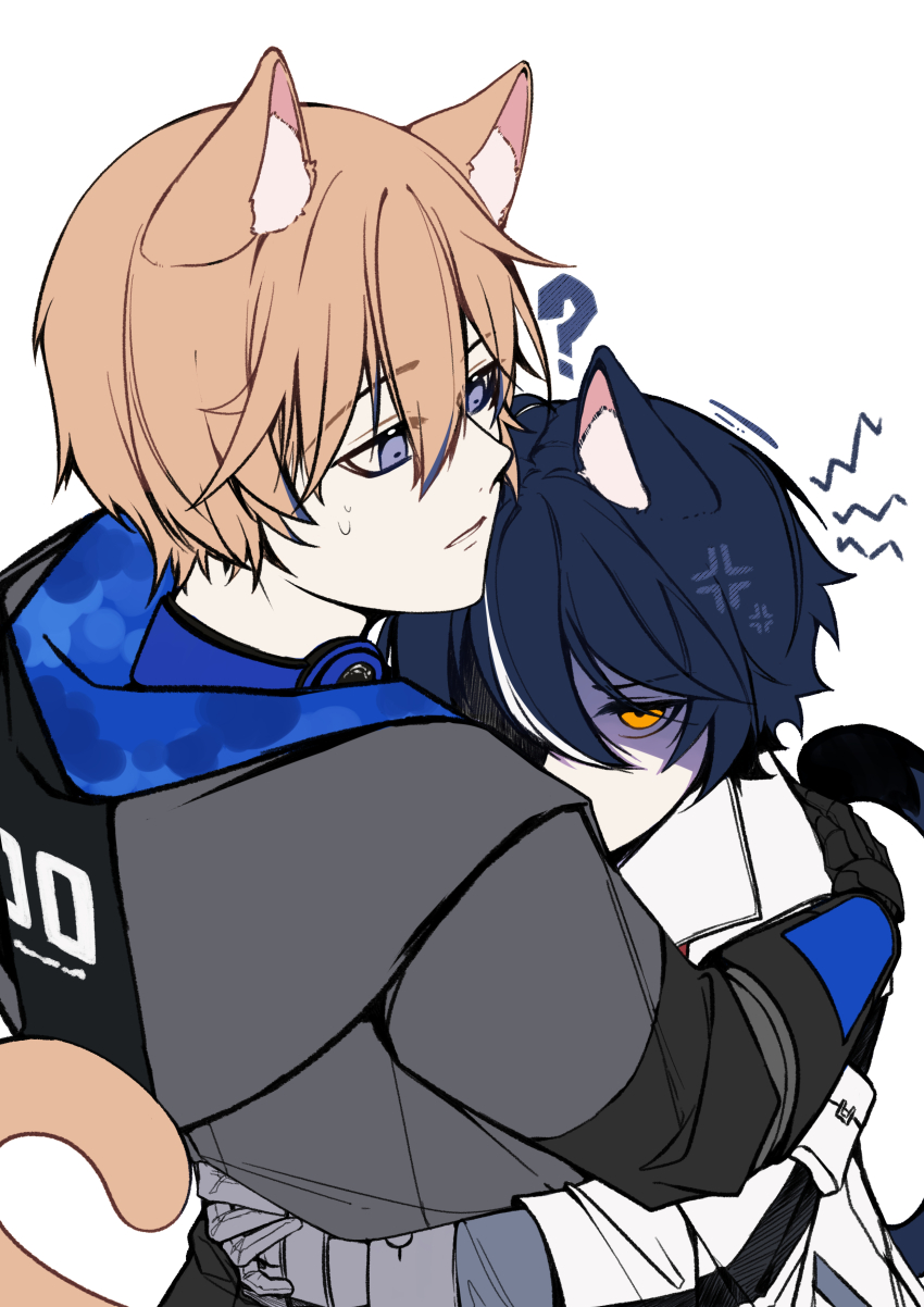 2boys ? absurdres animal_ears cat_ears cat_tail commandant_(pgr) dochikun highres image_sample lee:_entropy_(pgr) lee_(pgr) looking_at_viewer multiple_boys pixiv_sample punishing:_gray_raven tail white_background yaoi