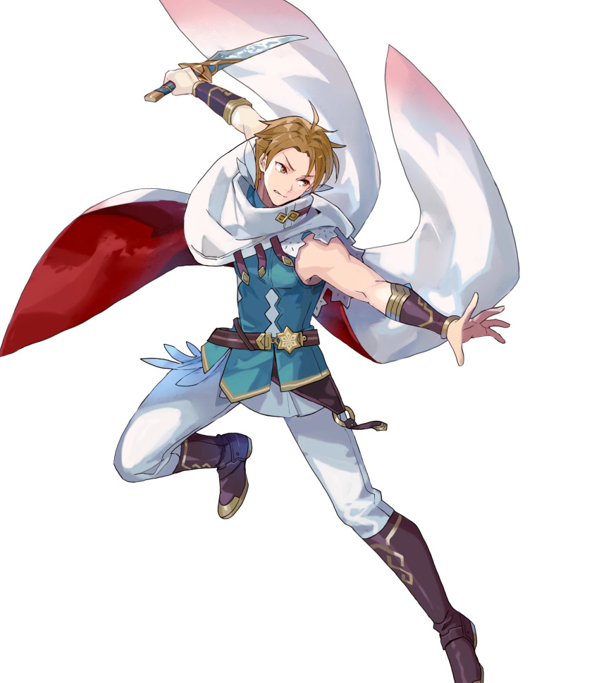 1boy belt blue_shirt boots brown_eyes brown_footwear brown_hair fire_emblem fire_emblem:_the_blazing_blade fire_emblem_heroes highres matthew_(fire_emblem) matthew_(resplendent)_(fire_emblem) nintendo o-ring official_alternate_costume official_art shirt simple_background sleeveless sleeveless_shirt third-party_source tobi_(kotetsu) two-tone_cape white_background wrist_guards
