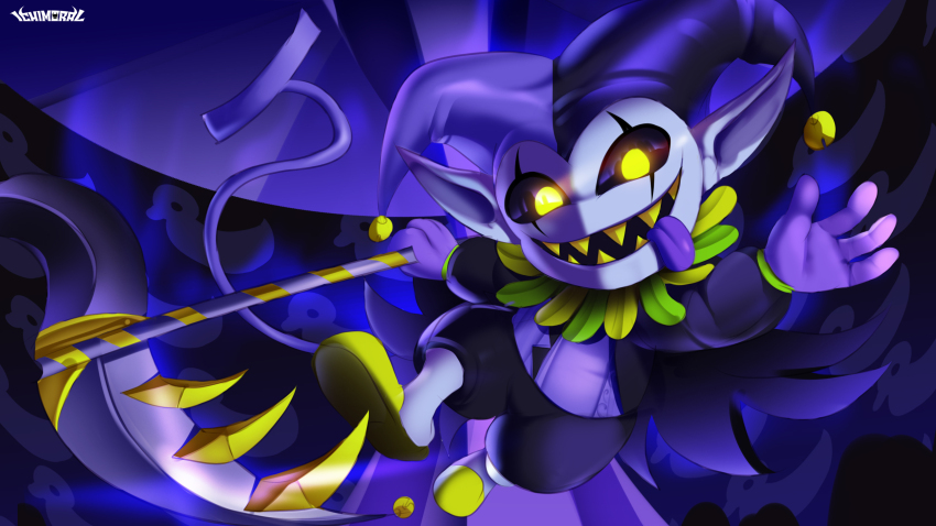 1boy coat deltarune evil_smile facial_mark gloves hat holding holding_weapon ichimoral jester jevil mask open_mouth pointy_ears sandals scythe sharp_teeth shorts smile soles tail teeth tongue tongue_out weapon wings yellow_eyes