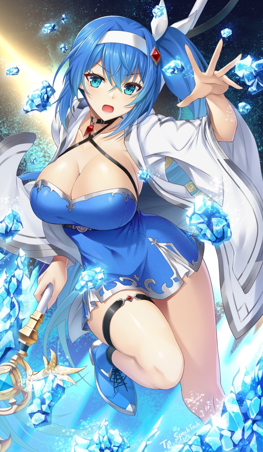 1girl absurdres alyssa_(specktech) black_choker blue_dress blue_eyes blue_hair blue_shoes breasts choker cleavage collarbone crossed_bangs dress emanon123 hair_between_eyes hairband halter_dress halterneck highres holding holding_staff knee_up large_breasts long_hair long_sleeves looking_at_viewer open_mouth original second-party_source shoes side_ponytail sky sneakers solo staff standing star_(sky) starry_sky thigh_strap thighs tongue white_hairband wide_sleeves