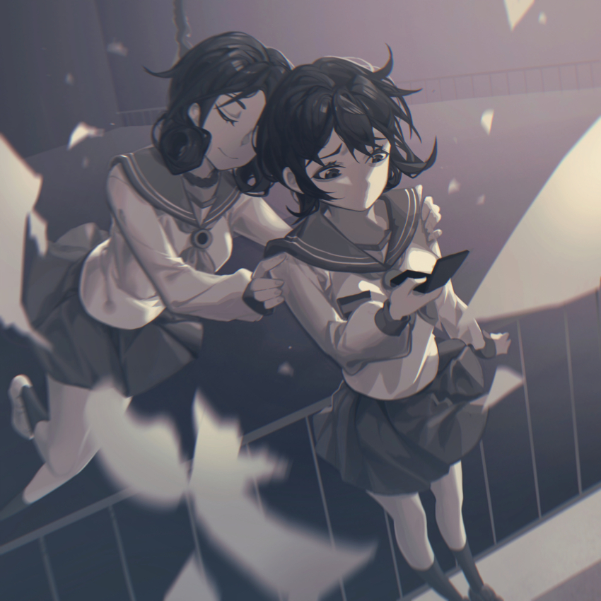 2girls black_hair black_skirt cellphone character_request check_character closed_eyes corpse_party flip_phone greyscale highres indoors long_sleeves monochrome mr.gx multiple_girls nakashima_naomi phone railing school_uniform shinohara_seiko skirt socks standing