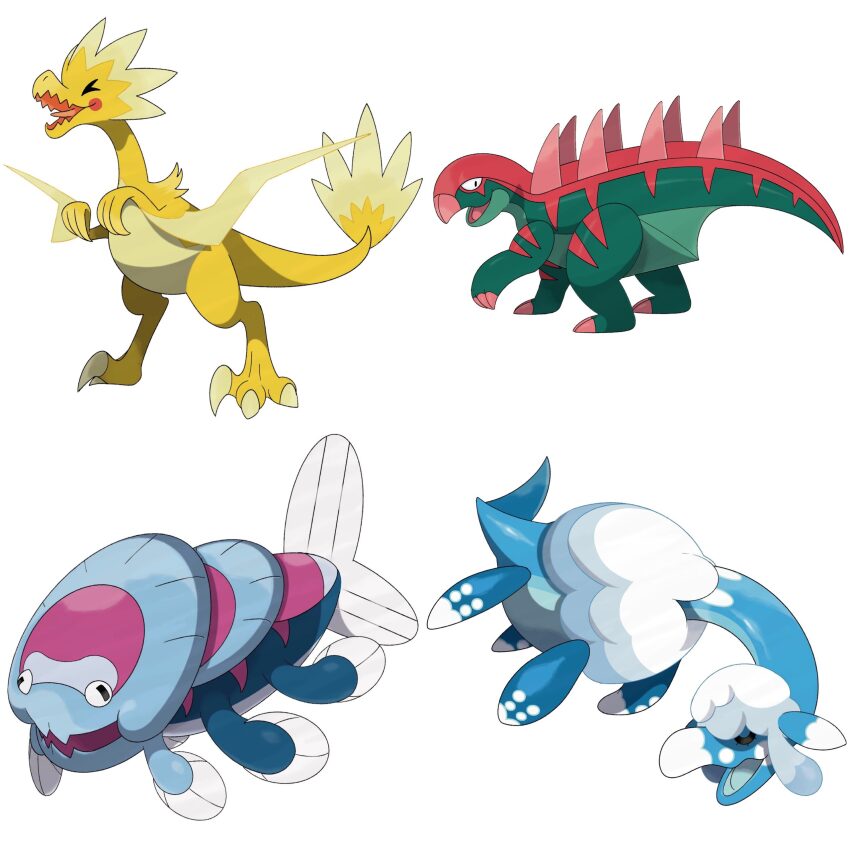 &gt;_&lt; absurdres all_fours arctovish arctozolt closed_eyes dracovish dracozolt dragon dunkleosteus fish gen_8_pokemon highres kentrosaurus looking_at_viewer macksfakemon nintendo no_humans open_mouth plesiosaur pokemon pokemon_(creature) second-party_source simple_background standing velociraptor white_background wyvern