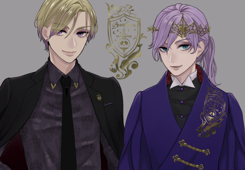 2boys black_jacket blonde_hair blue_eyes commentary_request epel_felmier grey_background headpiece highres jacket jacket_on_shoulders looking_at_viewer male_focus multiple_boys ponytail purple_eyes purple_hair short_hair simple_background twisted_wonderland ukichan12011 upper_body vil_schoenheit