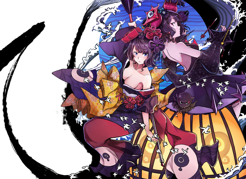 2girls absurdres bare_back bare_shoulders bird blue_eyes breasts cleavage colored_skin commentary dress dual_persona fate/grand_order fate_(series) flower full_body hair_flower hair_ornament highres holding holding_paintbrush japanese_clothes jeffrey10 katsushika_hokusai_(fate) katsushika_hokusai_(second_ascension)_(fate) katsushika_hokusai_(third_ascension)_(fate) kimono large_breasts multiple_girls octopus paintbrush print_kimono purple_dress purple_eyes purple_hair purple_kimono purple_skin short_hair tokitarou_(fate) water white_bird
