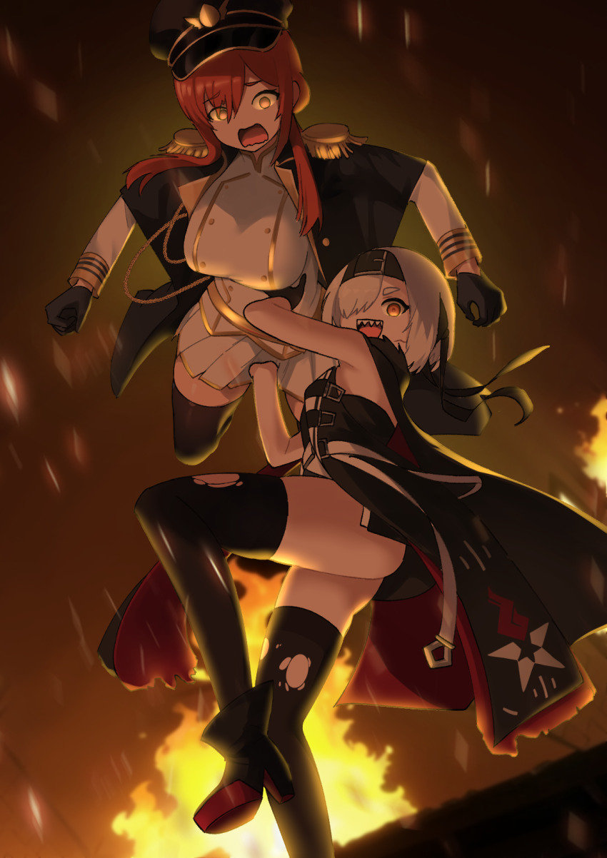 2girls azur_lane bare_shoulders black_coat black_dress black_gloves black_hairband black_thighhighs bon_homme_richard_(meta)_(azur_lane) boots breasts brown_hair burnt_clothes buttons coat commentary commission crazy_smile double-breasted dress english_commentary excited fire full_body gloves hair_over_one_eye hairband hands_up high_heel_boots high_heels highres large_breasts legs lifting_person long_hair looking_at_viewer medium_hair miniskirt monarch_(azur_lane) multiple_girls open_clothes open_coat panicking parallelrey pixiv_commission pleated_skirt red_eyes scared sharp_teeth shirt skirt sleeveless sleeveless_dress sleeveless_shirt small_breasts smile standing standing_on_one_leg teeth thighhighs thighs throwing throwing_person torn_clothes upskirt white_hair white_shirt yellow_eyes