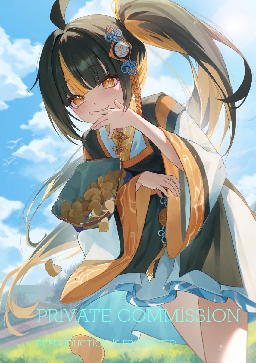1girl absurdres ahoge architecture black_hair black_hanbok blue_sky blush chips_(food) closed_mouth cloud cloudy_sky commission cowboy_shot day dress east_asian_architecture fingernails floating_clothes floating_hair flower_knot food grass hair_knot hair_ornament hanbok hand_on_own_face hand_up highres jw_(wrdawrda) korean_clothes long_sleeves looking_at_viewer mountain multicolored_hair orange_eyes orange_hair original outdoors package petals scenery side_ponytail sky smile solo standing tree two-tone_hair white_dress wide_sleeves