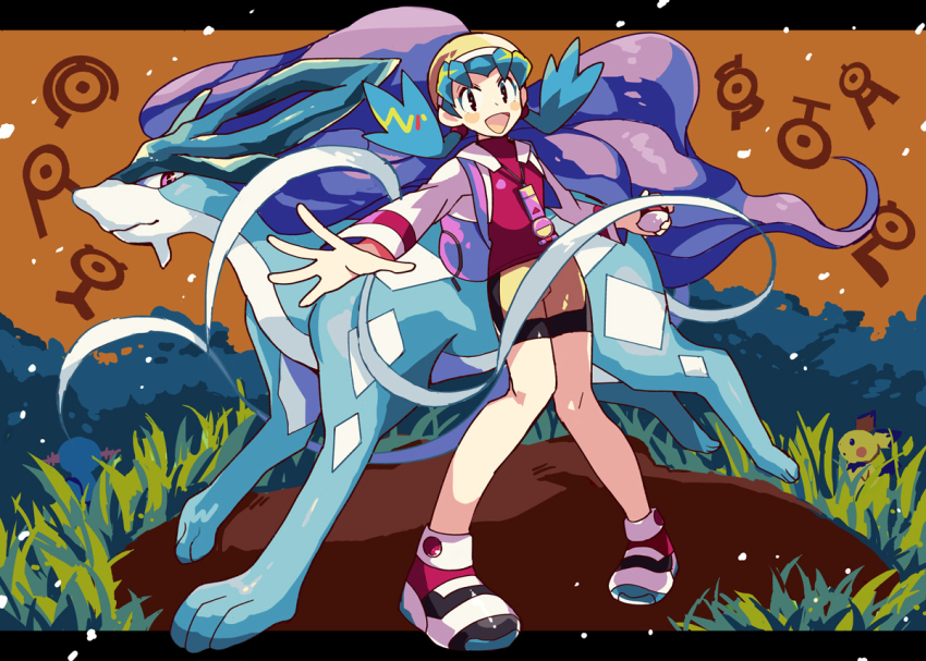 1girl :d anidler91 bike_shorts black_eyes blue_hair blush blush_stickers commentary game_freak gen_2_pokemon hat holding holding_poke_ball jacket knees_together_feet_apart kris_(pokemon) legendary_pokemon long_hair nintendo open_mouth outstretched_arm pichu pink_eyes poke_ball poke_ball_(basic) pokegear pokemon pokemon_(creature) pokemon_gsc red_shirt shirt shoes shorts smile standing suicune twintails unown unown_a unown_c unown_l unown_r unown_s unown_t unown_y white_jacket wooper yellow_hat yellow_shorts