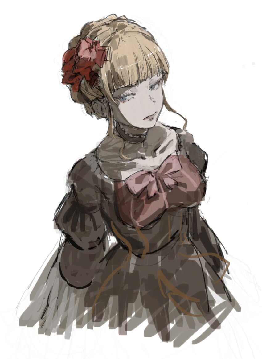 1girl beatrice_(umineko) black_choker black_dress blonde_hair blue_eyes bow bowtie breasts choker closed_mouth collarbone commentary cropped_legs dress expressionless flower frilled_choker frills hair_flower hair_ornament highres large_breasts long_sleeves looking_to_the_side puffy_long_sleeves puffy_sleeves red_bow red_bowtie red_flower rose short_hair simple_background sketch solo taki_(a313131333) umineko_no_naku_koro_ni white_background