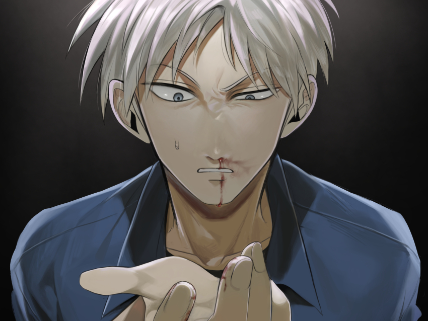 1boy akagi:_yami_ni_oritatta_tensai akagi_shigeru blood blood_on_hands blue_shirt clenched_teeth collared_shirt commentary_request fukumoto_mahjong grey_background grey_eyes grey_hair highres looking_down male_focus niwatori_panda nosebleed shirt short_hair solo teeth upper_body