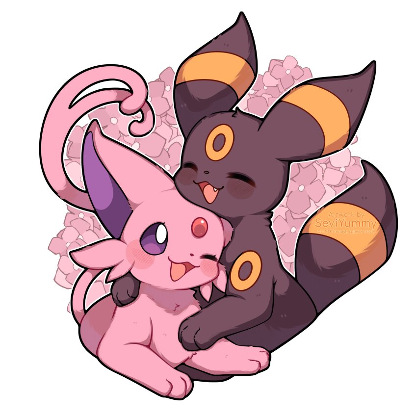;d =_= absurdres animal_focus black_tail blush commentary espeon facial_mark fang flower forehead_jewel forehead_mark forked_tail game_freak gen_2_pokemon highres hydrangea nintendo no_humans one_eye_closed open_mouth pink_tail pokemon pokemon_(creature) purple_eyes purple_flower sevi_(seviyummy) smile tail umbreon white_background