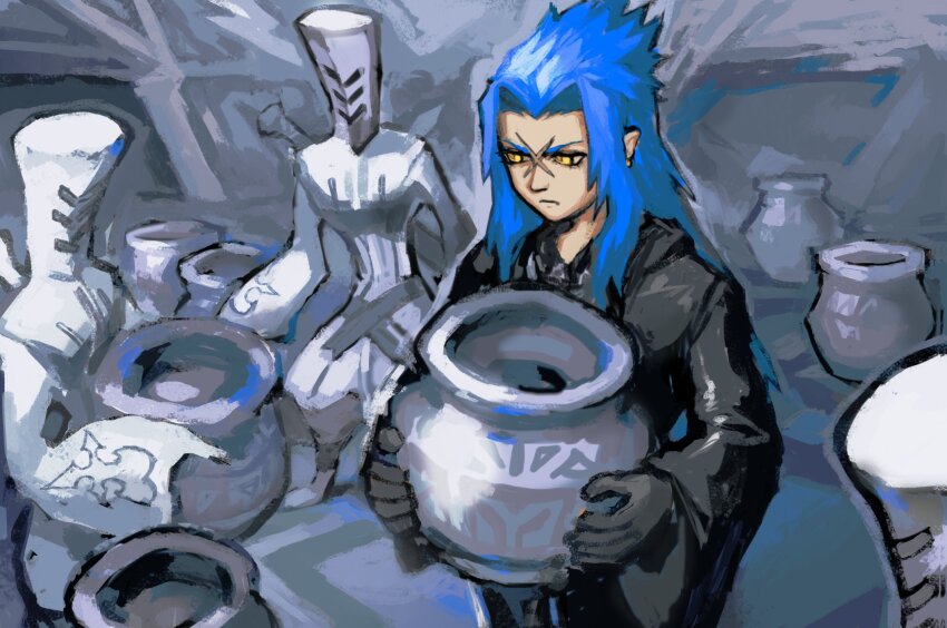1boy black_coat_(kingdom_hearts) black_gloves blue_hair commentary cross_scar english_commentary gloves hair_slicked_back highres holding indoors kingdom_hearts kingdom_hearts_358/2_days light_frown long_hair male_focus nobody_(kingdom_hearts) organization_xiii pointy_ears pottery saix scar slit_pupils snoozaga spiked_hair standing yellow_eyes