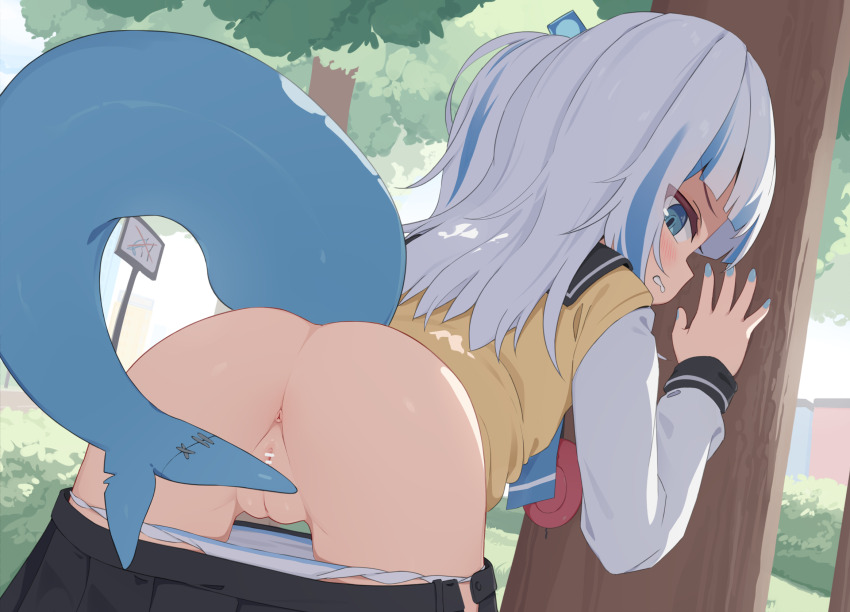 1girl anus ass blazer blue_eyes blue_hair blue_nails blunt_bangs blush cleft_of_venus clothes_pull crime_prevention_buzzer fins fish_tail gawr_gura gawr_gura_(school_uniform) highres hololive hololive_english jacket long_sleeves looking_at_viewer medium_hair multicolored_hair official_alternate_costume panties panty_pull pleated_skirt pussy school_uniform serafuku shark_girl shark_tail side_ponytail skirt skirt_pull stitches streaked_hair tail tenroy tree two-tone_hair underwear virtual_youtuber white_hair