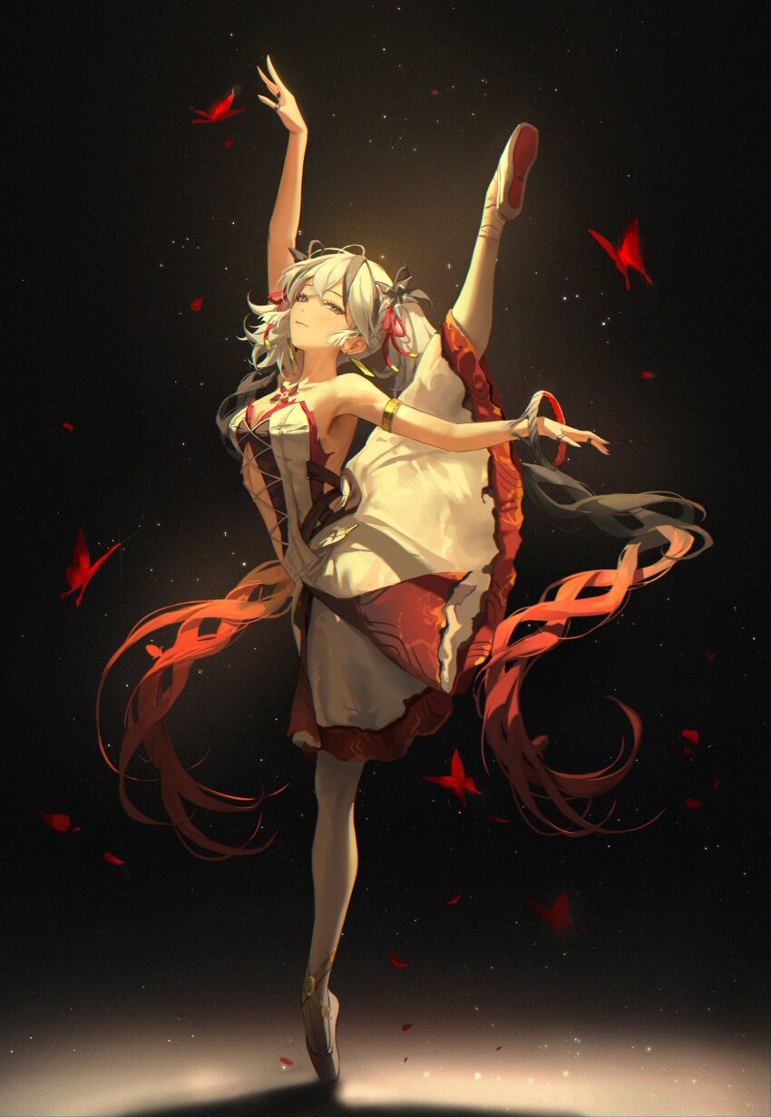 1girl absurdres adapted_costume ballerina ballet_slippers bangsom bare_shoulders black_eyes black_flower black_ribbon blake_bloom_(wuthering_waves) breasts bug butterfly camellya_(wuthering_waves) commentary dress earrings flower flower_on_chest gold_earrings hair_between_eyes hair_flower hair_ornament hair_ribbon hair_vines highres insect jewelry leg_up light_smile looking_at_viewer pose_request red_butterfly red_pupils red_ribbon ribbon short_hair small_breasts solo strapless strapless_dress tacet_mark_(wuthering_waves) white_dress white_hair wuthering_waves