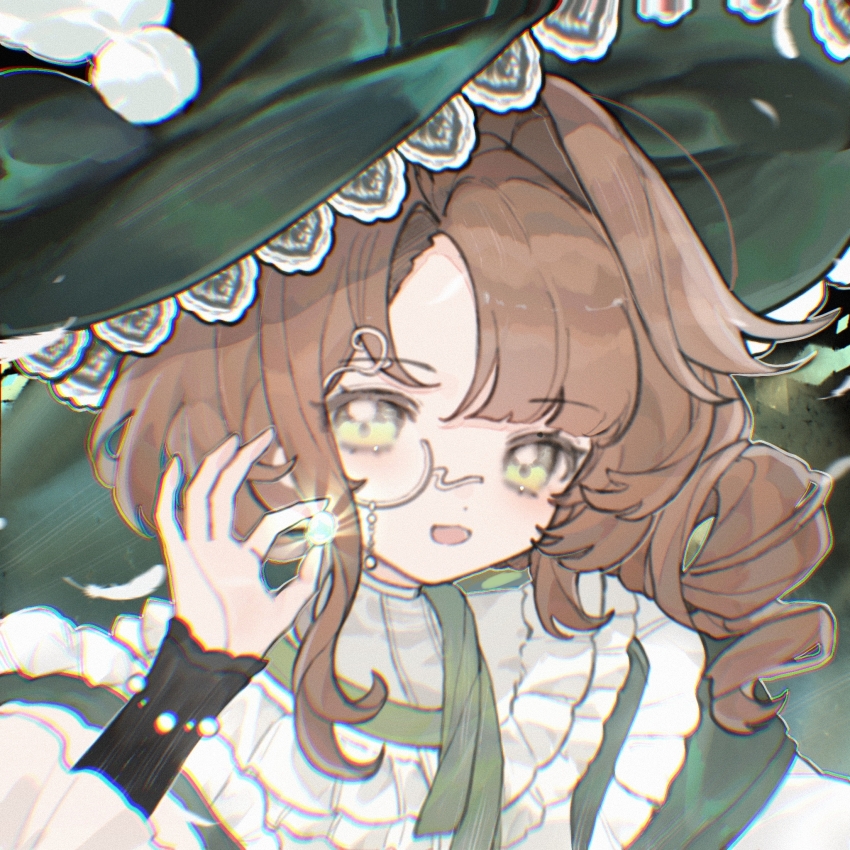 1girl :d aa_huaju_pifa_ma_zong brown_hair gem green_eyes green_gemstone green_hat hand_up hat highres holding holding_gem kakania_(reverse:1999) lace-trimmed_headwear lace_trim long_hair monocle official_alternate_costume open_mouth portrait reverse:1999 shirt smile solo white_shirt