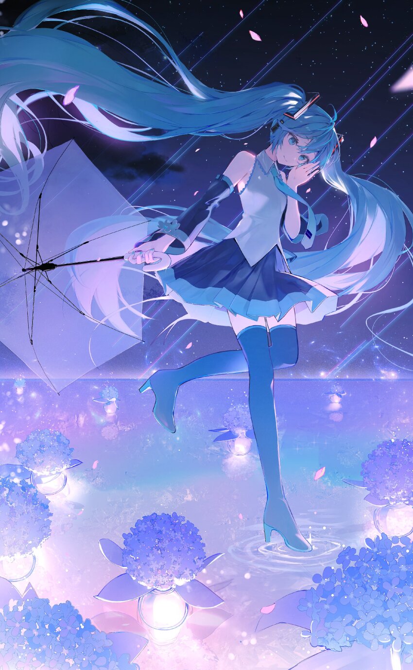 1girl absurdres aqua_eyes aqua_hair aqua_nails aqua_necktie aqua_trim bare_shoulders black_boots black_sleeves boots breasts check_commentary check_flower collared_shirt commentary_request detached_sleeves falling_petals flower flower_request frilled_shirt frills full_body grey_shirt hair_between_eyes hair_ornament hand_up hatsune_miku headset high_heel_boots high_heels highres holding holding_umbrella hydrangea kamatoyu leg_up long_hair looking_at_viewer necktie night night_sky petals ripples shirt shooting_star sidelocks skirt sky sleeveless small_breasts smile solo standing standing_on_one_leg thigh_boots thighhighs tie_clip twintails umbrella untucked_shirt vase very_long_hair vocaloid walking walking_on_liquid wide_sleeves zettai_ryouiki