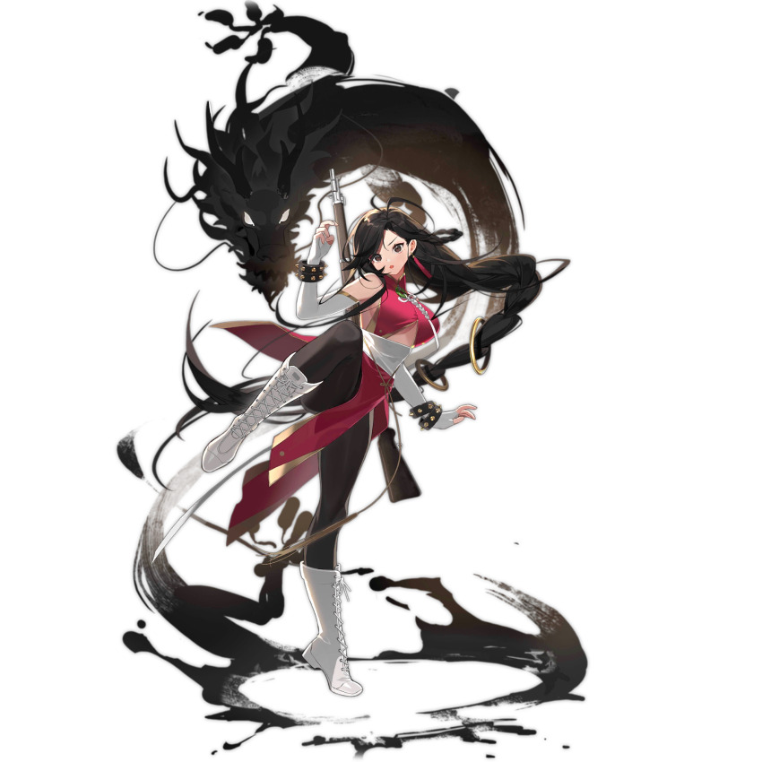1girl :o bahao_diqiu black_eyes black_hair black_pantyhose boots bracelet breasts bridal_gauntlets china_dress chinese_clothes dragon dress earrings eastern_dragon elbow_gloves fighting_stance full_body general_liu_(girls&#039;_frontline) general_liu_(wandering_dragon_fist)_(girls&#039;_frontline) general_liu_rifle girls&#039;_frontline gloves gun gun_on_back highres ink jewelry knee_boots knee_up lace-up_boots large_breasts long_hair looking_at_viewer official_alternate_costume official_art open_mouth pantyhose red_dress ring_hair_ornament simple_background solo spiked_bracelet spikes standing standing_on_one_leg tassel tassel_earrings third-party_source transparent_background underboob v-shaped_eyebrows very_long_hair weapon weapon_on_back white_boots white_bridal_gauntlets white_gloves