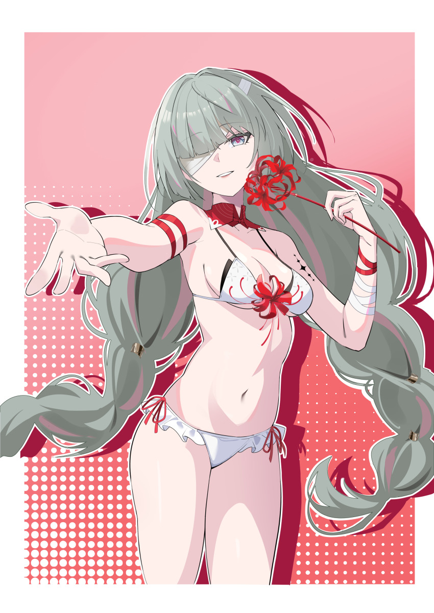 1girl absurdres alternate_costume bandaged_arm bandages bare_shoulders bikini border braid collarbone commentary flower grey_eyes grey_hair halterneck highres holding holding_flower laosi_j long_hair looking_at_viewer low_twin_braids navel outstretched_arm parted_lips phrolova_(wuthering_waves) red_background smile solo spider_lily stomach swimsuit tacet_mark_(wuthering_waves) thighs twin_braids white_bikini white_border wuthering_waves