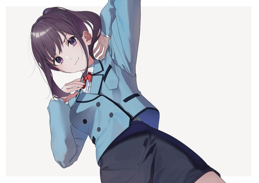 1girl absurdres black_skirt blue_jacket bow bowtie guest_art highres jacket long_sleeves looking_at_viewer official_art ponytail purple_eyes purple_hair red_bow red_bowtie saraki school_uniform skirt smile solo solo_leveling sung_jin-ah v-shaped_eyebrows white_background