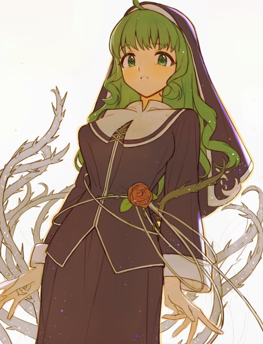 1girl absurdres ahoge black_headdress blush florakinesis flower green_eyes green_hair habit highres long_hair long_sleeves maria_(housamo) nun parted_lips plant red_flower red_rose rose solo tokyo_houkago_summoners tyou vines white_background