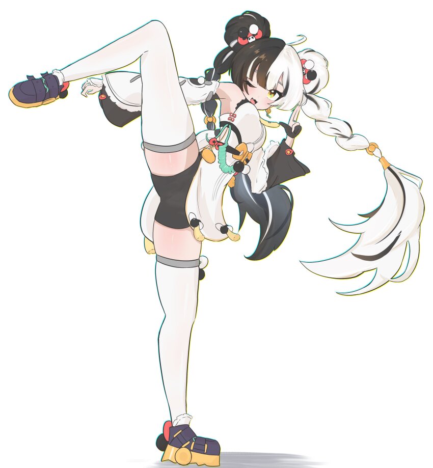 1girl absurdres ahoge bare_shoulders black_hair black_shoes black_shorts braid braided_twintails china_dress chinese_clothes commentary detached_sleeves dialyn_(zenless_zone_zero) double_bun dress english_commentary full_body hair_bun hair_extensions highres kesiutu leg_up long_hair multicolored_hair necktie one_eye_closed open_mouth ring_hair_extensions shoes shorts simple_background solo split-color_hair standing standing_on_one_leg thighhighs white_background white_dress white_hair white_thighhighs wire yellow_eyes yellow_necktie zenless_zone_zero