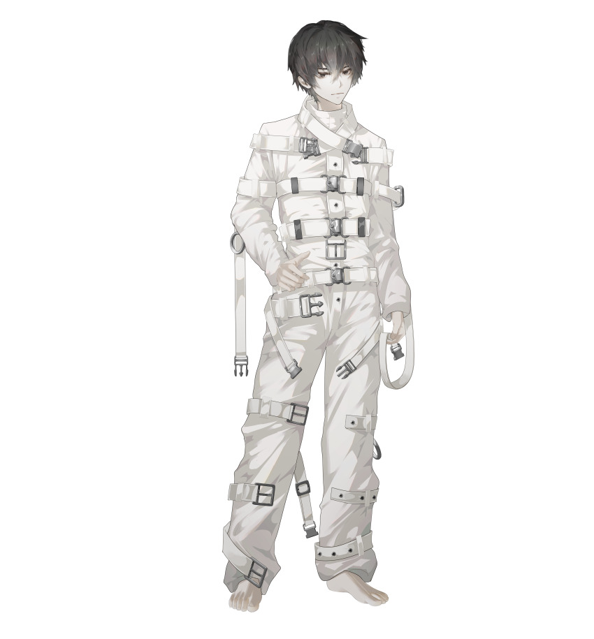 1boy absurdres alternate_universe barefoot belt belt_buckle black_eyes black_hair buckle chest_harness chinese_commentary closed_mouth dao_gui_yi_xian full_body hair_between_eyes hand_on_own_hip harness highres holding holding_belt legbinder li_huowang li_huowang_(modern_world) long_sleeves looking_at_viewer male_focus official_alternate_costume official_alternate_hair_length official_alternate_hairstyle pants r-jiutian shirt short_hair simple_background sleeves_past_wrists solo standing straitjacket strap white_background white_belt white_pants white_shirt