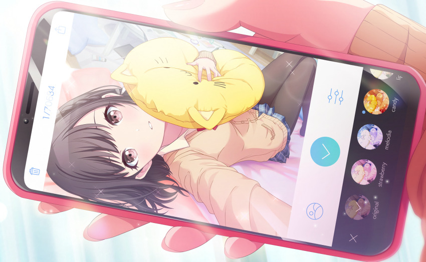 1girl blonde_hair camera colorful_palette hair_ornament highres long_hair looking_at_viewer official_art project_sekai school_uniform selfie shinonome_ena smile solo twintails