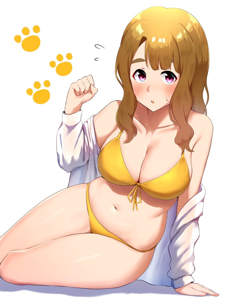 1girl absurdres armpits bare_shoulders bikini blunt_bangs blush breasts brown_hair cat_paw cleavage collarbone cowboy_shot curvy dot_nose flying_sweatdrops forehead front-tie_bikini_top front-tie_top hair_over_shoulder hand_on_ground highres idolmaster idolmaster_million_live! idolmaster_million_live!_theater_days karua_(karua23) large_breasts long_hair long_sleeves looking_at_viewer miyao_miya navel off_shoulder parted_bangs parted_lips paw_pose paw_print paw_print_background purple_eyes shirt sitting skindentation solo sweatdrop swimsuit wavy_hair white_background white_shirt wide_hips yokozuwari